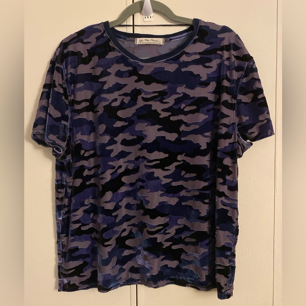 Free People We the Free Blue Velvet Camo Burnout Teddy Short Sleeve Top Size XS
